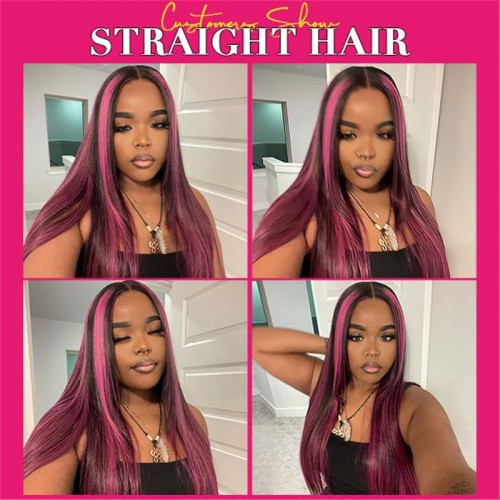 Purple Highlights Straight 13x4 Transparent Lace Front Wig | Human Hair Wig | Lace Front
